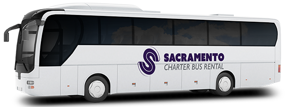 a plain white charter bus with a sacramento charter bus rental logo on it